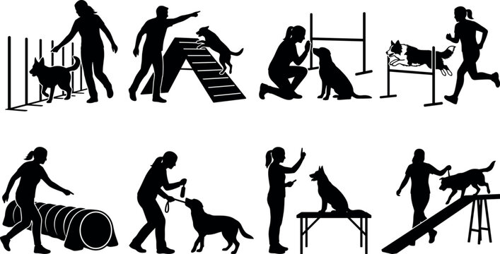 Dog training agility and professional pet grooming vector silhouettes collection featuring canine care and obedience icons