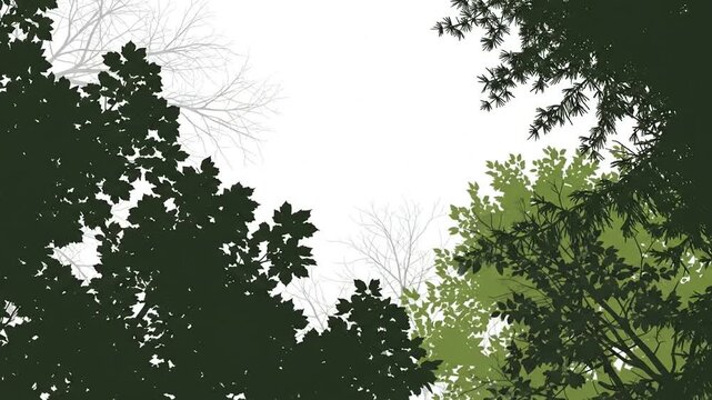 Minimalist silhouette of swaying tree branches and green leaves against white.