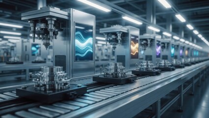 Fototapeta premium Automated Factory Assembly Line with Digital Waveform Displays