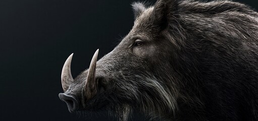 Fototapeta premium Wild boar displaying impressive tusks stands out with powerful presence against a dark background for conservation visuals.