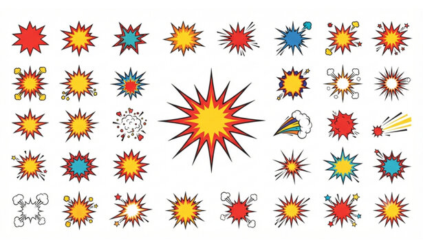 Comic book style explosion and speech bubble icons set, colorful burst collection