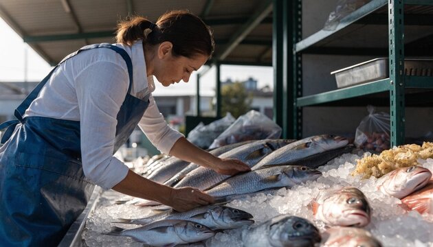 Female fishmonger arranging fresh whole fish on crushed ice at open market stall, blue apron, bright morning light, seafood display, sustainable catch, local food trade and coastal commerce