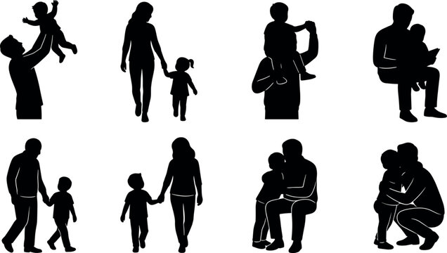 Parents and children vector silhouettes collection featuring mothers and fathers with toddlers in loving family poses