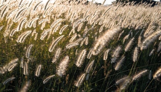 Backlit foxtail grass meadow glowing in warm evening sun, soft swaying seed heads and golden bokeh, dreamy rural nature background for summer, wellness, prairie ecology, and rustic decor