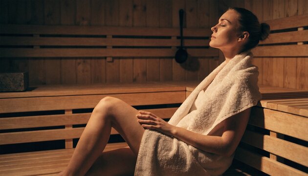 Serene woman wrapped in white towel relaxing inside warm wooden sauna, eyes closed in mindful wellness ritual, soft amber light creating luxurious spa retreat atmosphere for self care