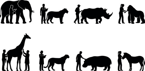 Zoo veterinarians and exotic wildlife animal care vector silhouettes collection featuring elephant giraffe lion and rhino icons © Shaharia Shaharia