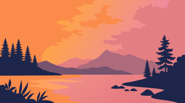 Vivid stylized landscape vector of sunset over mountains and calm lake with orange pink gradient sky silhouetted pine trees reflecting on water in warm diffused tones perfect for travel and nature