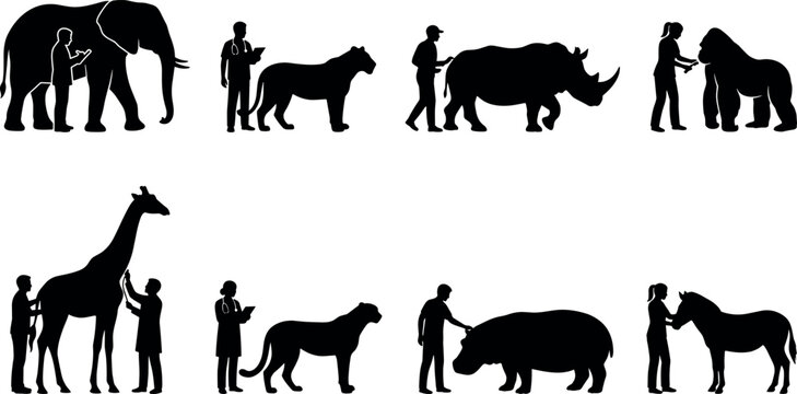 Zoo veterinarians and exotic wildlife animal care vector silhouettes collection featuring elephant giraffe lion and rhino icons