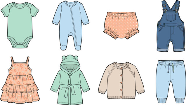 Collection of baby clothes including bodysuits, overalls, dresses, and cardigans for infant fashion design