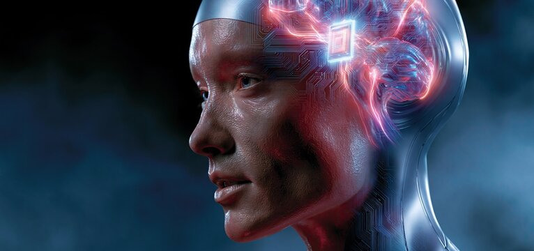 Profile of a sleek metallic robot head featuring glowing neural circuits and vibrant neon accents against a dark background.