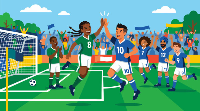Diverse multicultural soccer team celebrating victory with joyful high five after scoring winning goal on vibrant green field with cheering crowd in background