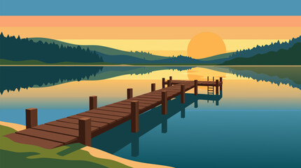 Fototapeta premium Serene wooden jetty extending into calm reflective lake surrounded by forested hills during spectacular golden hour sunset with vivid orange sky and perfect mirror like water surface