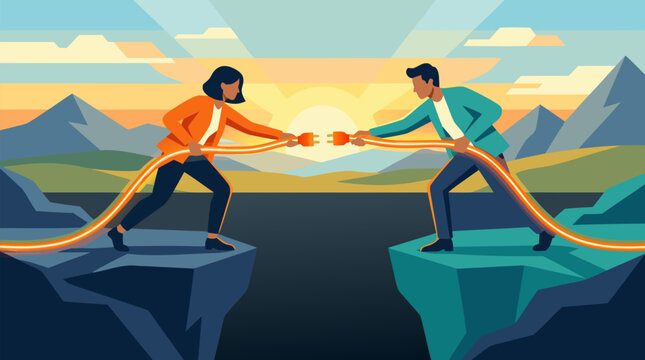 Business professionals bridging wide canyon gap by connecting glowing orange cables hand to hand at sunrise symbolizing teamwork connection technology unity and collaborative problem solving vector