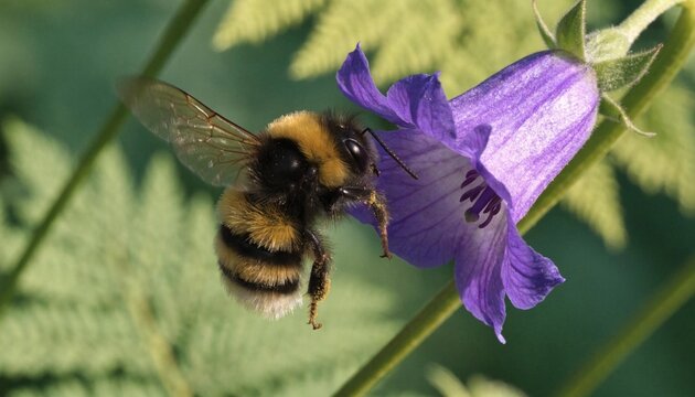 Macro bumblebee hovering beside a violet bellflower in soft garden sunlight, showing fuzzy striped body, translucent wings, pollen gathering, and lush green botanical bokeh for nature concepts
