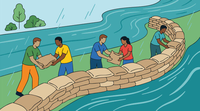 Dedicated diverse team of colleagues collaboratively stacking sandbags to redirect rising flood waters along riverbank in coordinated effort during heavy rainstorm depicted in dramatic professional