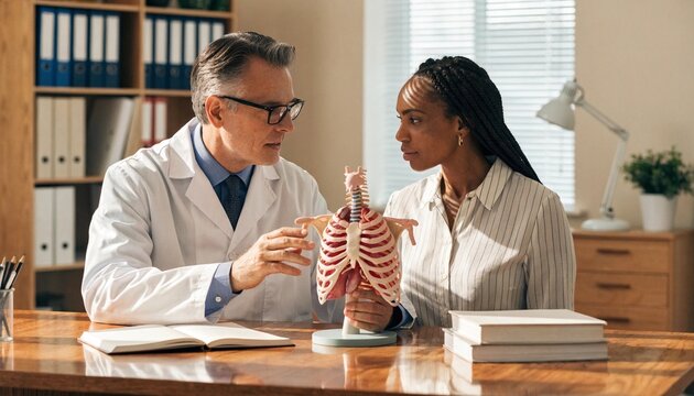 Compassionate doctor explaining a personalized treatment plan to a patient with a detailed lung and rib anatomical model in a bright office, warm daylight, clear healthcare communication