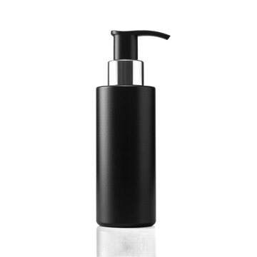 Cosmetic bottle pump isolated matte black skincare container on a transparent background for soap or lotion product branding mockup