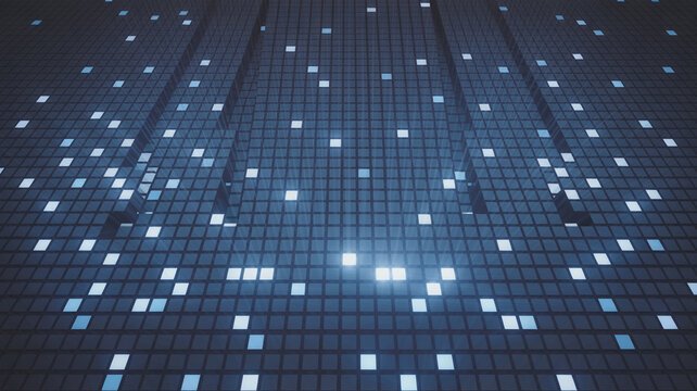 Close-up view of a digital binary code matrix with bright white dots on a dark blue grid digital art binary sequence data stream information techn