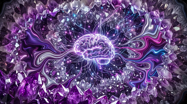Glowing Neural Brain inside Purple Amethyst Crystal Geode AI Technology Concept background