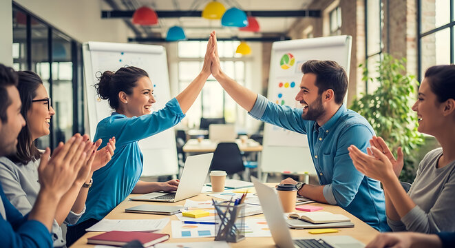 Happy creative business team giving high five celebration at office meeting