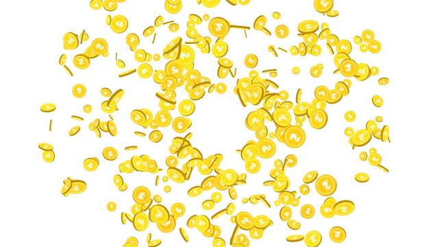 Golden Dollar Rain. An animated video featuring gold coins falling in a spiral pattern against a white background. Perfect for financial success, jackpot, and business marketing visuals