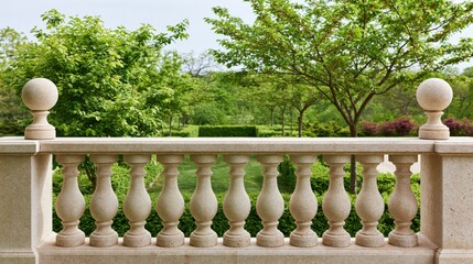 Fototapeta premium Elegant stone balcony railing overlooking a manicured garden with lush green trees