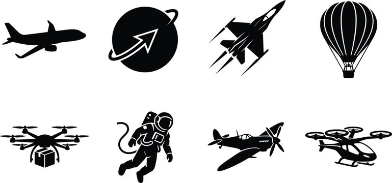 Aviation Flight and Aerospace Vehicle Silhouette Icons Set
