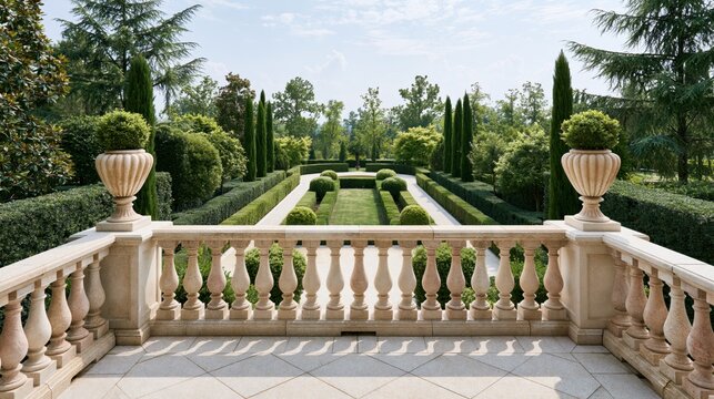 Elegant stone balcony overlooking a formal manicured garden with cypress trees