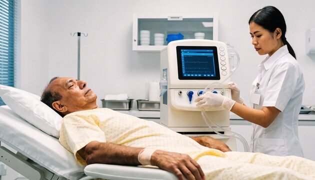 Asian nurse adjusting dialysis machine tubing beside relaxed elderly patient in bright modern clinic, compassionate renal care, hemodialysis treatment, clean white medical environment