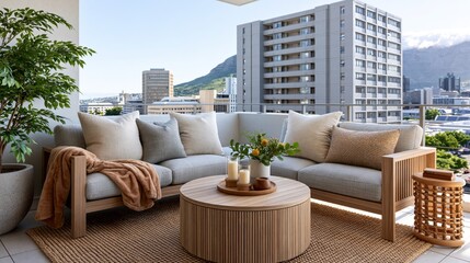 Fototapeta premium Luxury high-rise balcony terrace with a deep cushioned outdoor sofa and city views