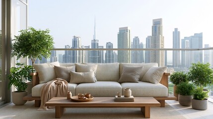 Fototapeta premium Luxury high-rise balcony terrace with a deep cushioned outdoor sofa and city skyline view