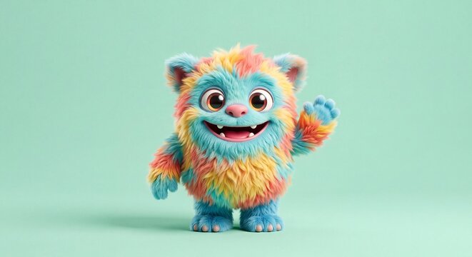 Adorable Rainbow Furry Cartoon Monster Mascot Isolated on Soft Mint Background