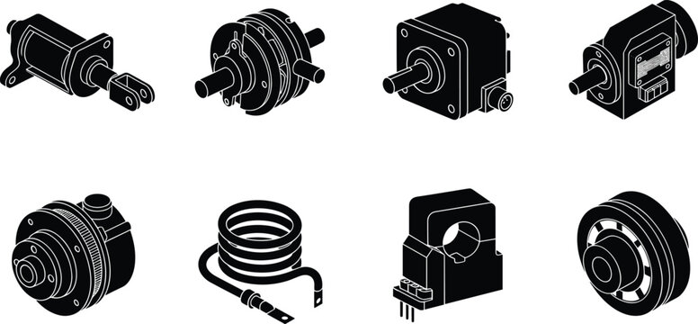 Industrial Electrical Components Black Silhouette Vector Collection with Motors Sensors Bearings and Rotary Devices