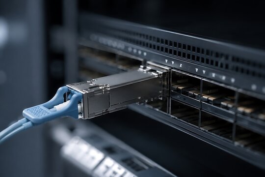 Close-up of a blue network cable plugged into a server rack in a data center.