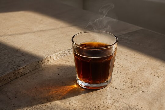 A steaming glass of dark coffee sits on a textured surface bathed in warm sunlight, casting a long shadow.