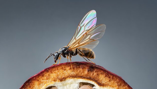 Iridescent winged insect perched on fruit slice in macro detail