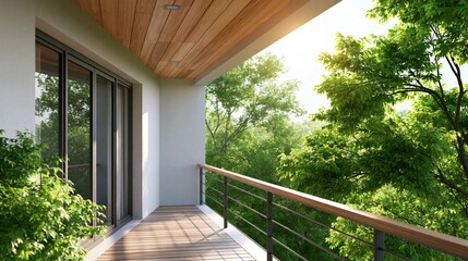 Fototapeta premium Modern balcony with minimalist architecture and lush green foliage views
