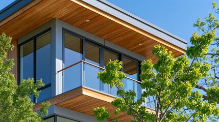 Fototapeta premium Modern balcony with minimalist architecture and lush green foliage