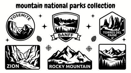 mountain national parks featuring yosemite banff torres del paine zion rocky mountain and scenic alpine landscapes arranged as a commercial vector illustration set for tourism and conservation themes © Ethan