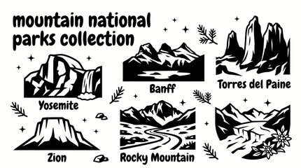 mountain national parks featuring yosemite banff torres del paine zion rocky mountain and scenic alpine landscapes arranged as a commercial vector illustration set for tourism and conservation themes © Ethan