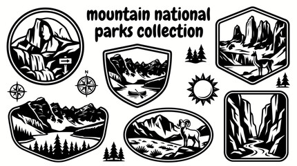 mountain national parks featuring yosemite banff torres del paine zion rocky mountain and scenic alpine landscapes arranged as a commercial vector illustration set for tourism and conservation themes © Ethan