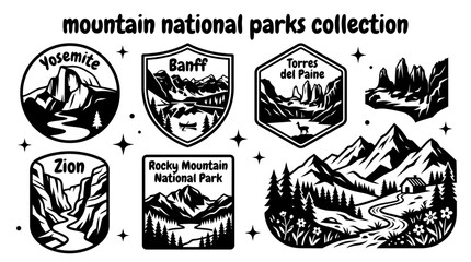 mountain national parks featuring yosemite banff torres del paine zion rocky mountain and scenic alpine landscapes arranged as a commercial vector illustration set for tourism and conservation themes © Ethan