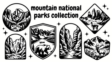 mountain national parks featuring yosemite banff torres del paine zion rocky mountain and scenic alpine landscapes arranged as a commercial vector illustration set for tourism and conservation themes © Ethan