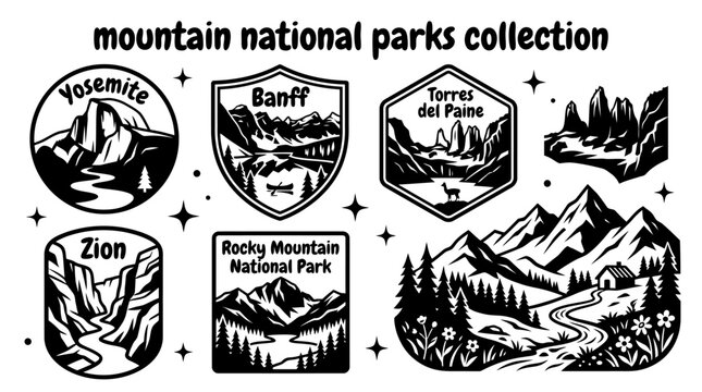 mountain national parks featuring yosemite banff torres del paine zion rocky mountain and scenic alpine landscapes arranged as a commercial vector illustration set for tourism and conservation themes