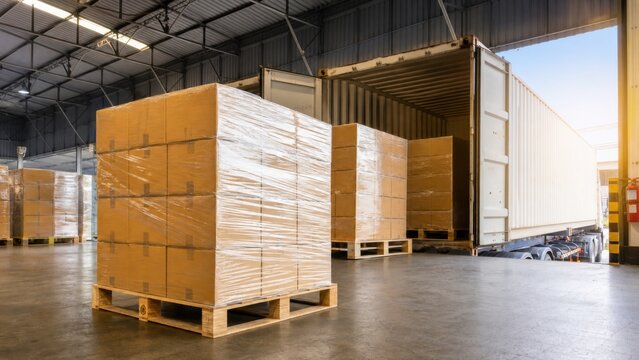 Cardboard boxes wrapped in plastic on wooden pallets awaiting distribution from a shipping container within a modern cargo warehouse facility