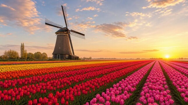 A traditional windmill rises beside vibrant rows of red, yellow, and pink tulips at sunset, ideal for spring travel, gardening, or rural tourism promotions.