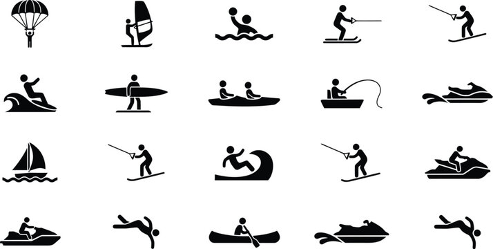 Collection of water sports icons set, black silhouettes of people doing extreme activities on the ocean surface