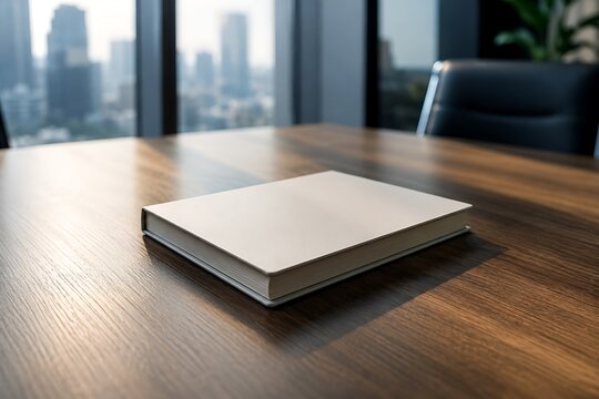 A closed, blank, light-colored book rests on a polished wooden conference table in a modern office with a city skyline visible through the window.