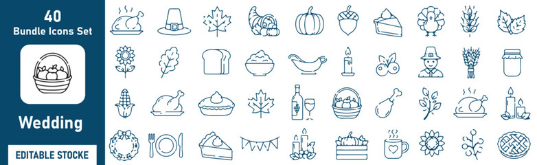 Thanksgiving Harvest Vector Outline Icons Set – Turkey, Pumpkin, Autumn Food and Holiday Celebration Line Symbols Collection © Bely