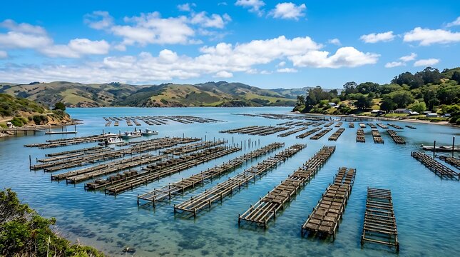 Marlborough sounds new zealand oyster farm rows, blue sky, hills, suitable for travel brochures, seafood industry websites, nature blogs.
